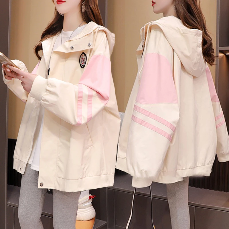 拼色连帽设计感薄款风衣外套女春秋新款韩版宽松百搭大码工装上衣