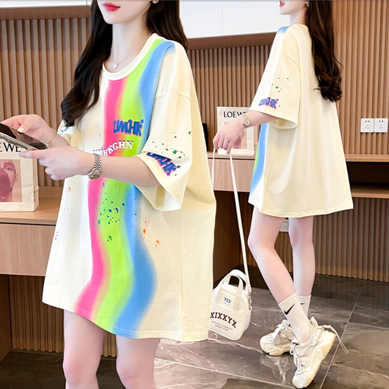 大码女装胖mm纯棉短袖T恤女夏季新款韩版宽松百搭网红中长款上衣