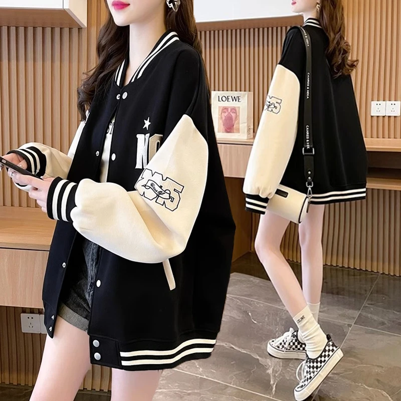 大码拼色刺绣加绒棒球服女秋冬新款韩版宽松百搭长袖开衫夹克外套