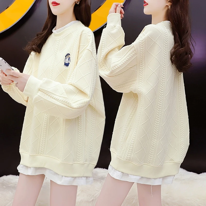 卡通刺绣假两件薄款卫衣女春秋季新款韩版宽松百搭设计感减龄上衣