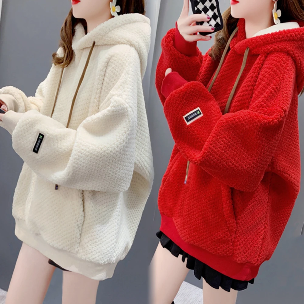 羊羔毛绒连帽加绒加厚卫衣女秋冬季新款韩版宽松百搭红色上衣外套