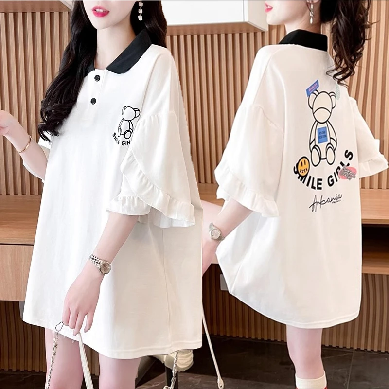 大码女装设计感Polo领纯棉短袖T恤女夏季新款韩版宽松中长款上衣