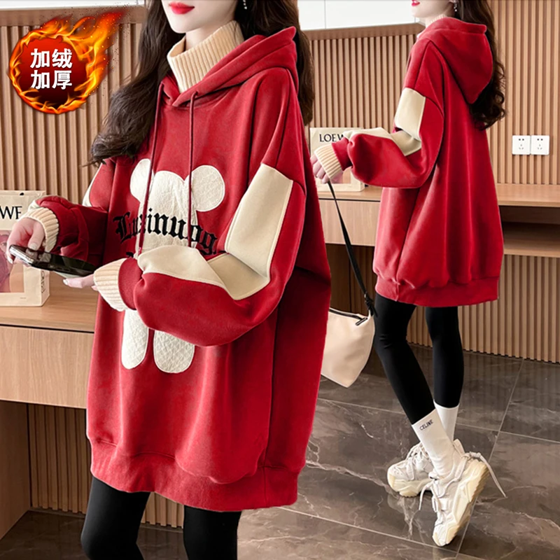 大码女装假两件连帽加绒卫衣女秋冬新款韩版宽松百搭设计感上衣潮