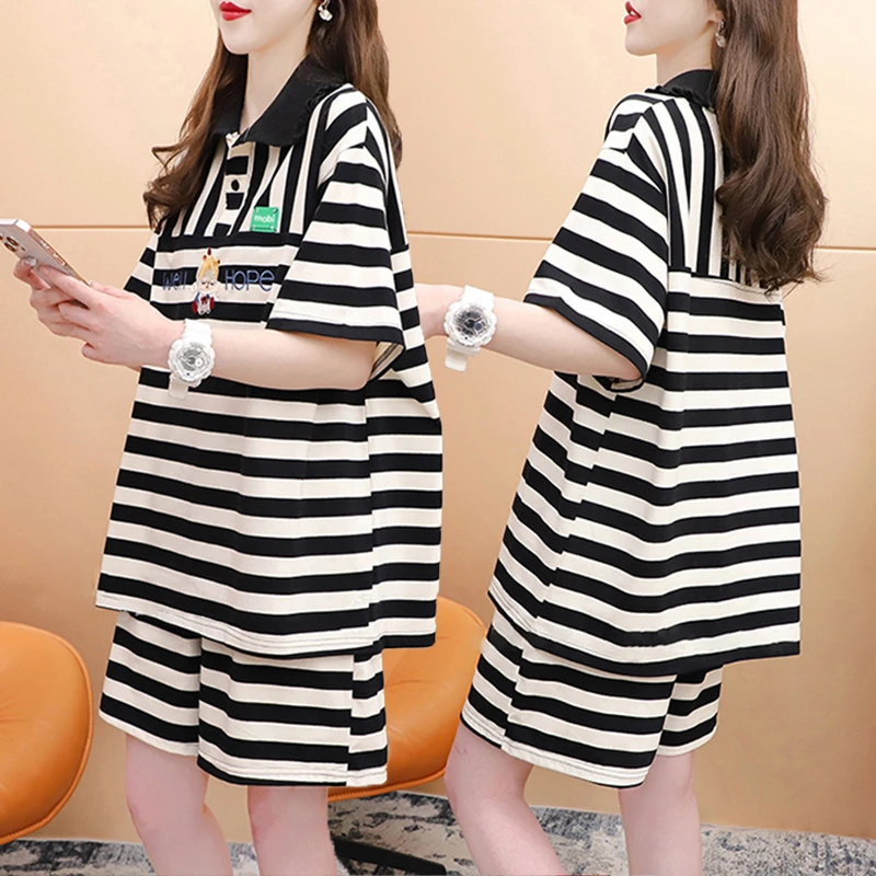 条纹刺绣纯棉短袖短裤套装女夏季新款韩版宽松百搭大码胖mm两件套