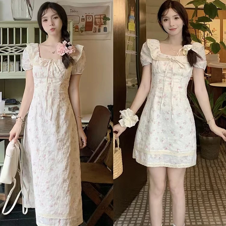 【现货】显瘦气质淑女修身法式复古甜美纯欲风碎花系带连衣裙9156