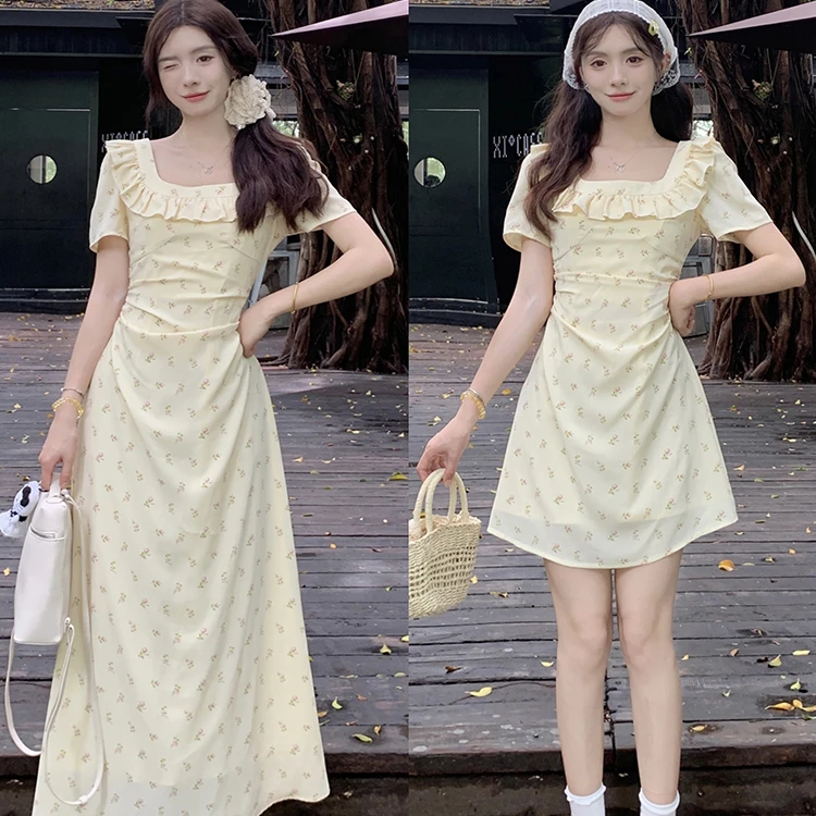 【现货】大码夏季气质修身显瘦碎花收腰方领连衣裙9454