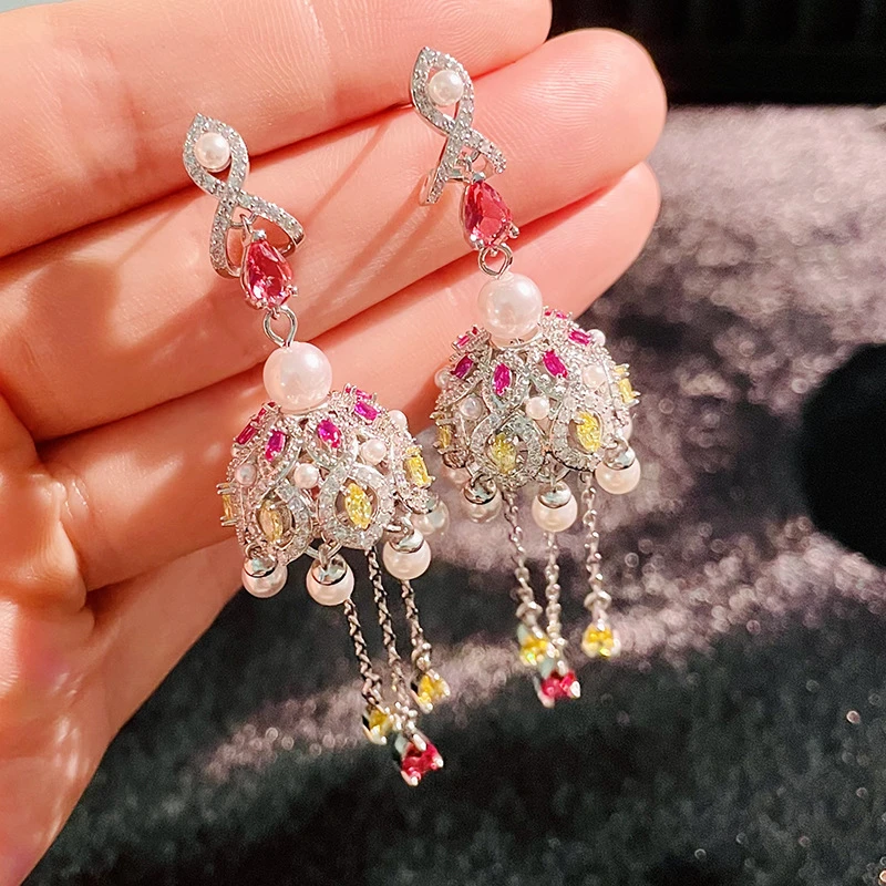 铜合金合成锆石耳饰 欧美重工耳饰银针925ins耳坠女珍珠铃铛耳环
