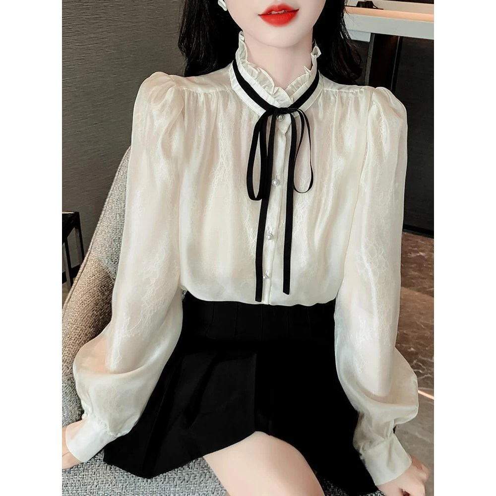法式立领雪纺衬衫女春秋2024新款蝴蝶结系带衬衣高端名媛长袖上衣