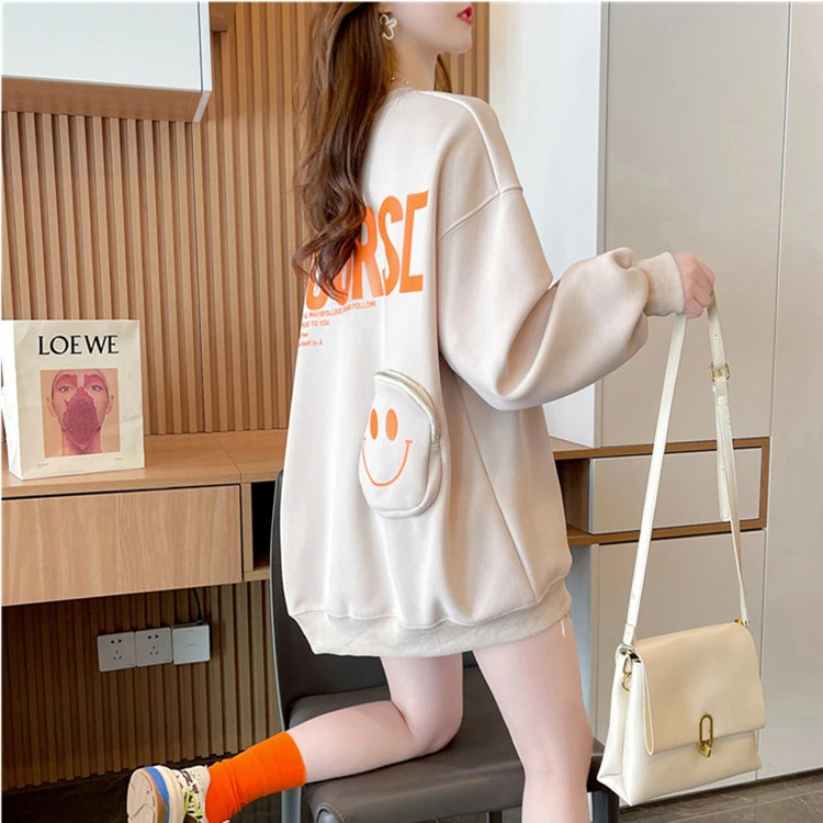 中长款遮臀洋气无帽卫衣秋冬新款加绒加厚女款大码胖mm宽松慵懒风