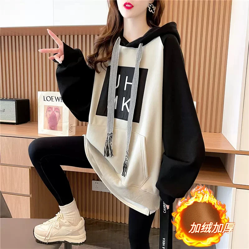 秋冬装加绒加厚连帽纯棉美式插肩袖拼色胖mm大码卫衣女洋气中长款