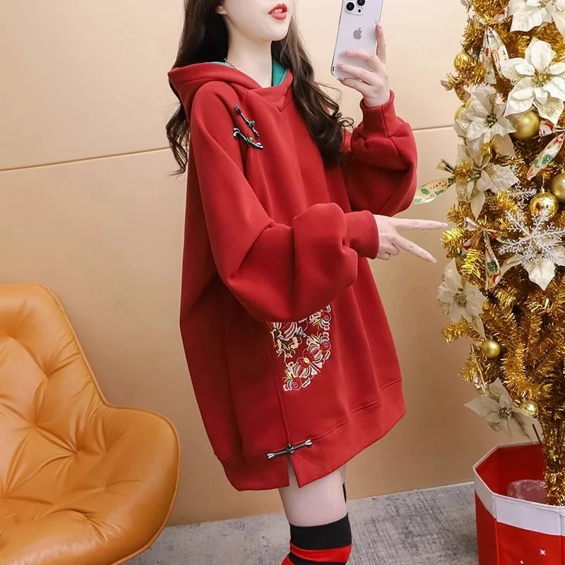 秋冬加绒加厚中长款连帽卫衣女款大码红色本命年过年衣服网红洋气