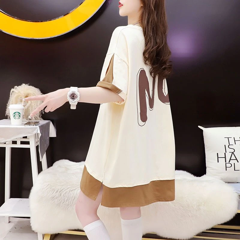 夏季韩版新款大码中长款纯棉短袖t恤女宽松拼接设计感洋气上衣潮