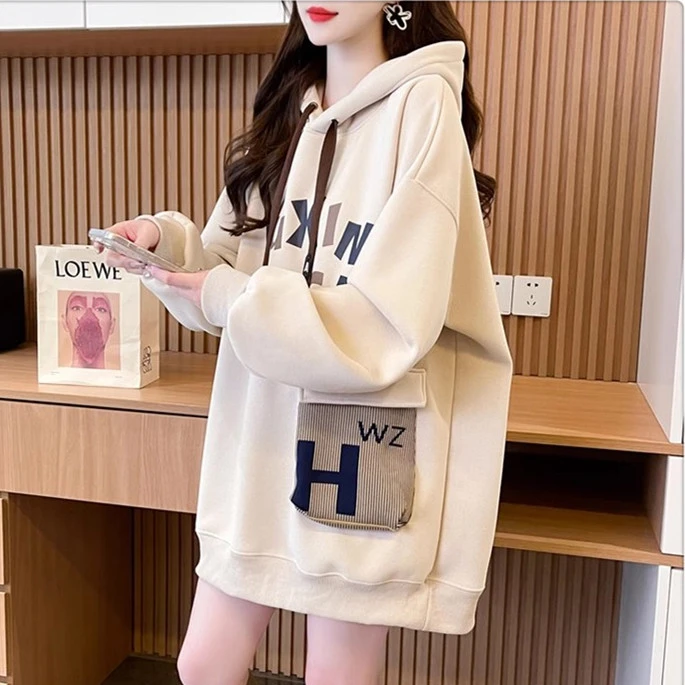 2024秋冬新款中长款连帽纯棉卫衣女大码加绒加厚带口袋设计感上衣