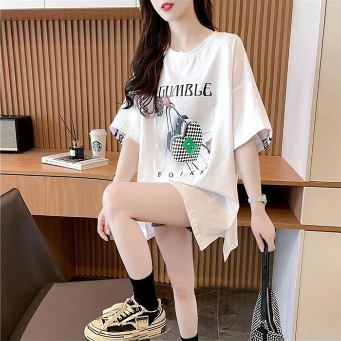 网红款洋气外出时尚显瘦中长款纯棉短袖t恤女夏季设计感小众上衣
