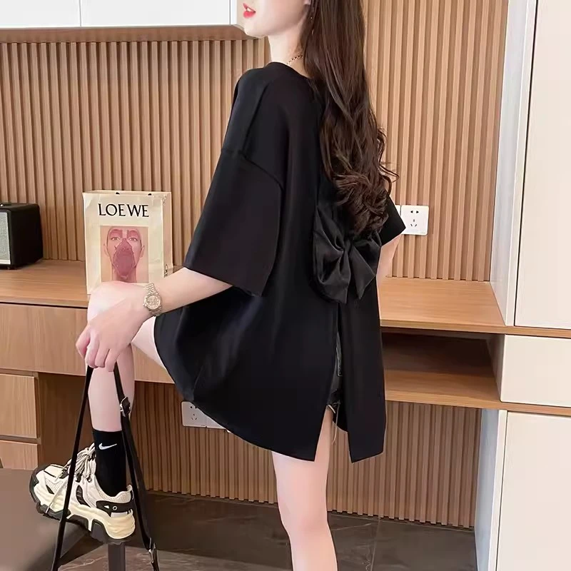 中长款纯棉短袖t恤夏大码后背蝴蝶结开叉设计感小众夏季女装上衣
