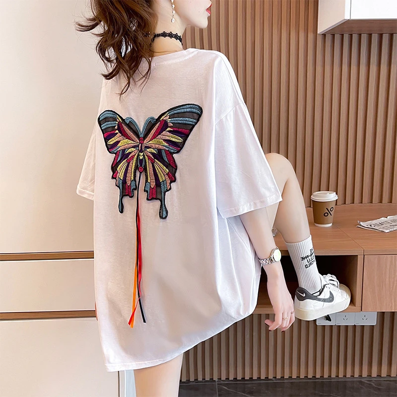 网红大码刺绣蝴蝶中长款纯棉短袖t恤女韩版宽松洋气设计感上衣夏