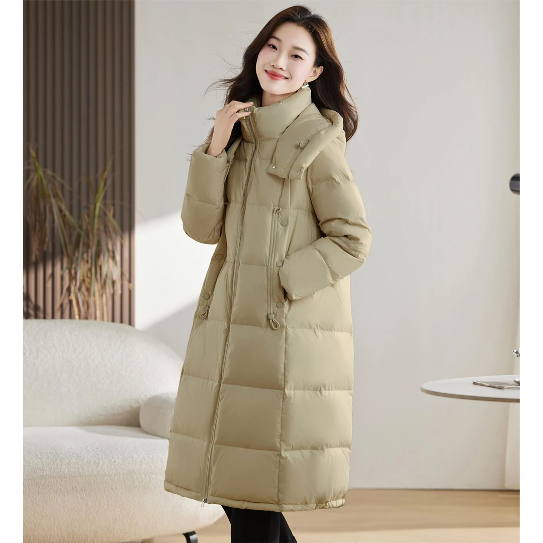 冬季新款白鹅绒过膝中长款连帽保暖时尚百搭女式羽绒服24DAK0641