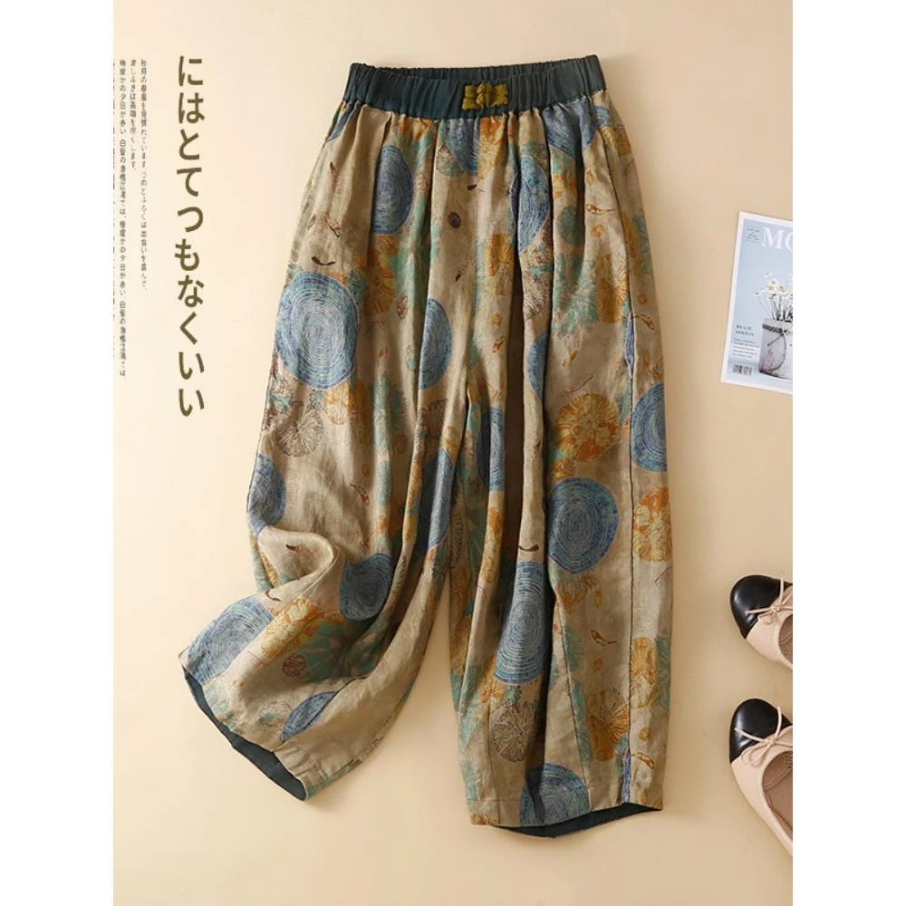 2024夏季复古盘扣亚麻女裤子松紧腰显瘦哈伦裤百搭休闲印花九分裤