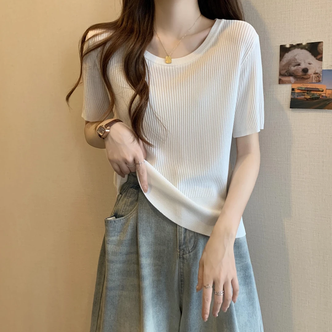 大码韩版坑条冰丝针织短袖恤女胖遮肚显瘦正肩上衣内搭打底衫