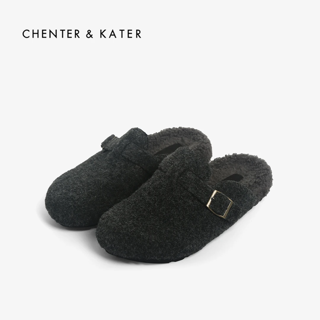 CHENTER KATER专柜 加绒勃肯鞋女冬新款包头半拖厚底外穿毛毛拖鞋