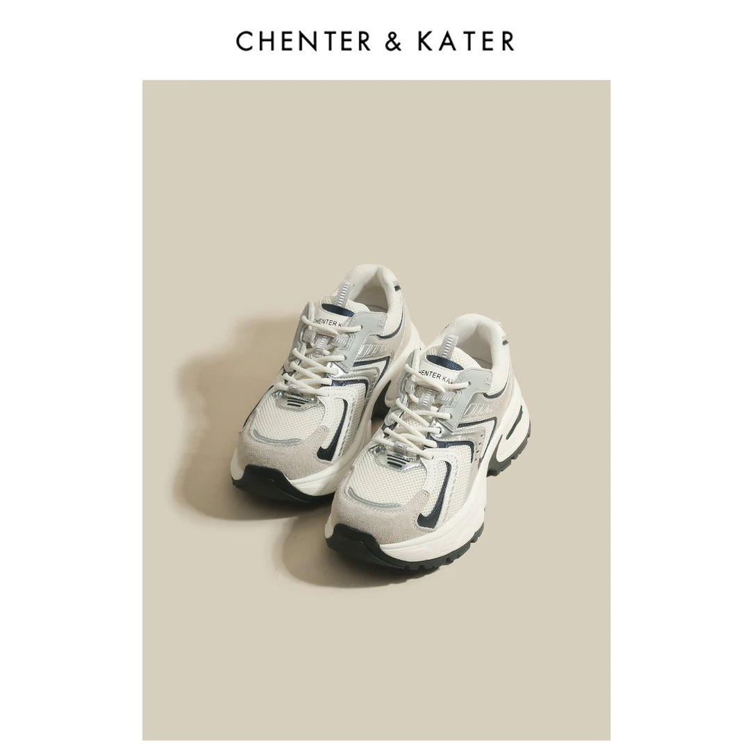 CHENTERKATER运动鞋女2024新款韩版厚底设计感轻便显脚小老爹鞋