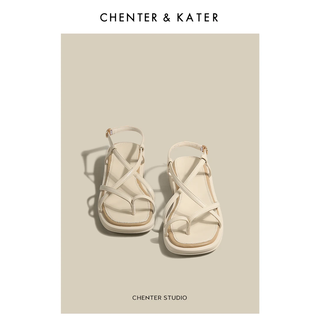 CHENTER KATER罗马凉鞋女2024年夏季新款平底露趾绑带仙女风凉鞋
