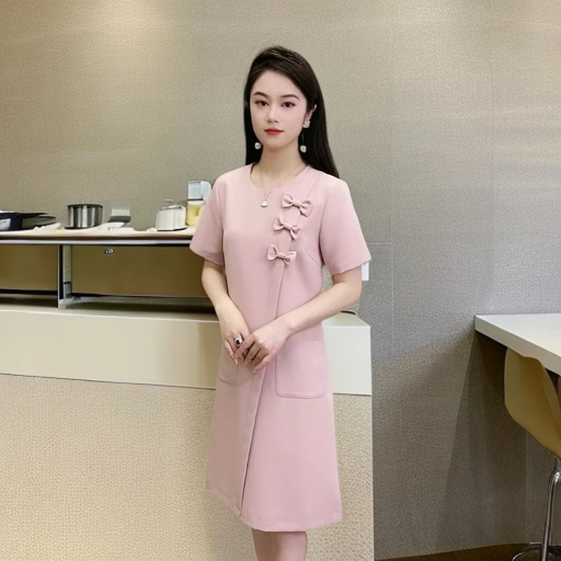 维秀夏季轻奢定制显瘦遮肉优雅时尚修身气质蝴蝶结中长款连衣裙