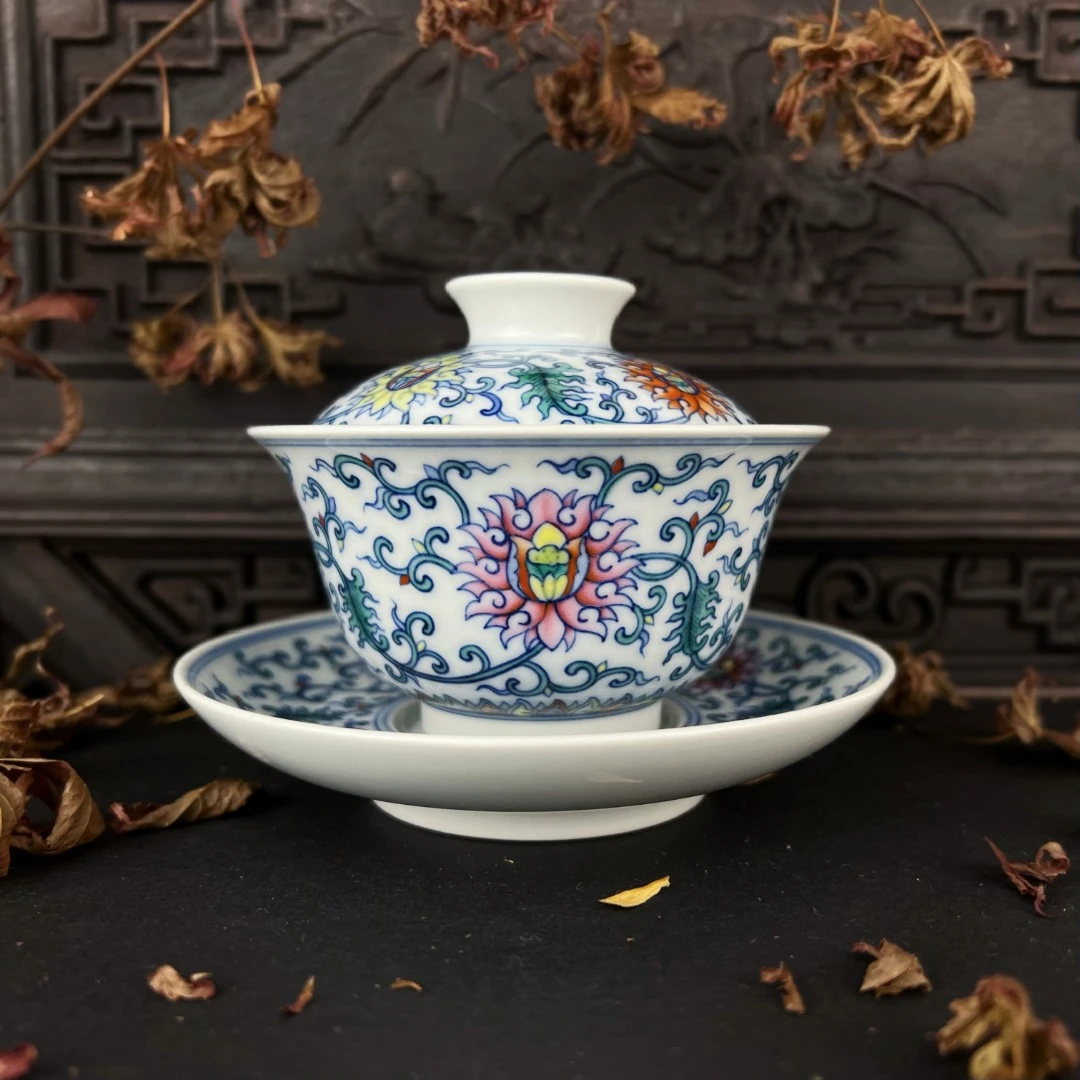 瓷情陶意 斗彩缠枝盖碗景德镇纯手工手绘柴窑青花斗彩三才盖碗