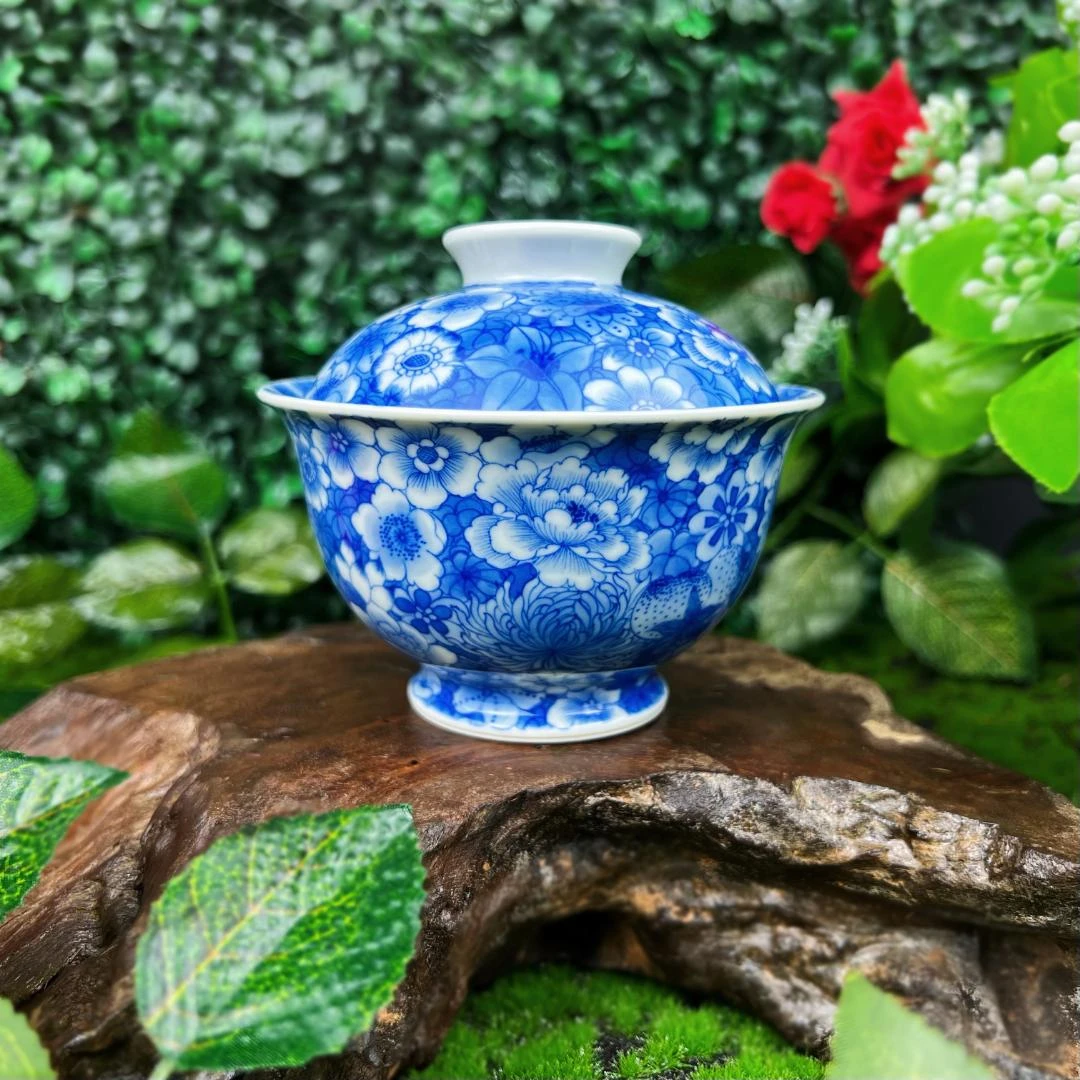 沐窑茗溪 万花两才盖碗景德镇纯手工柴窑青花高端茶器泡茶盖碗