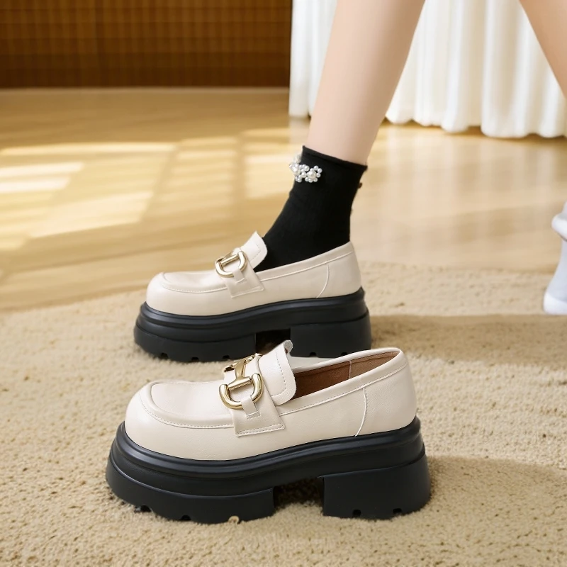 真皮厚底小皮鞋女2024春秋新款小个子高跟配裙子小码松糕乐福单鞋