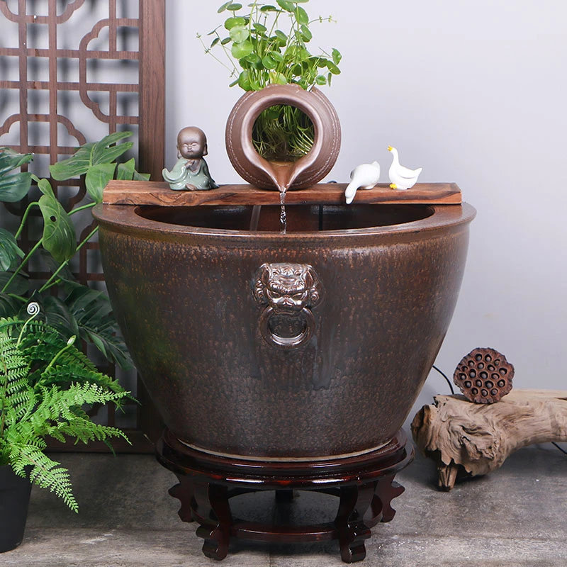 陶瓷大缸古法养鱼缸客厅阳台落地金鱼缸陶罐循环流水造景老式水缸