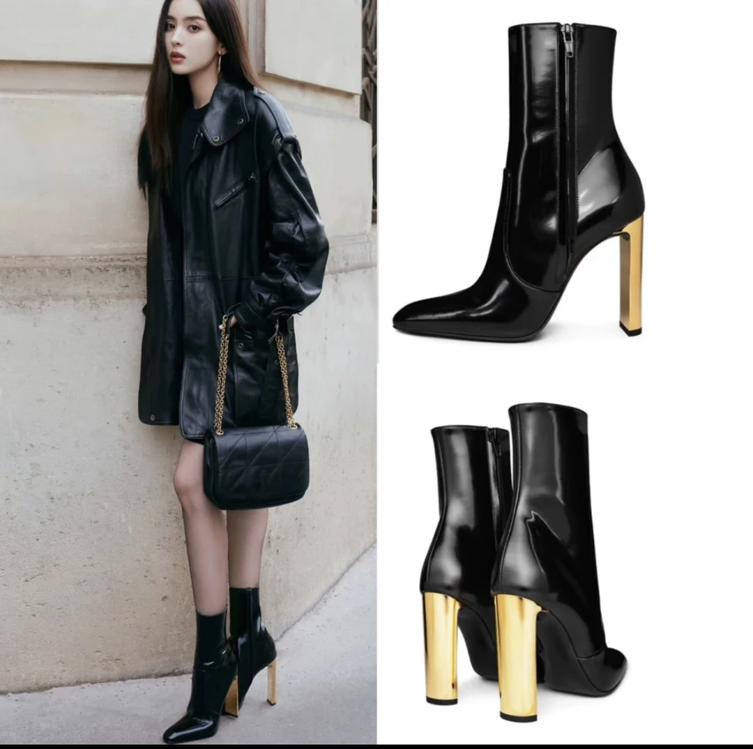 娜扎同款漆皮高跟短靴女2025新款秋冬侧拉链方头粗跟黑色加绒靴子