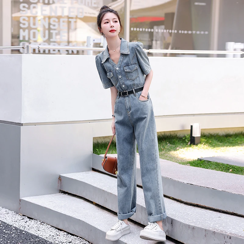 复古直筒牛仔连体裤女2024夏季薄款气质翻领高腰显瘦小个子连衣裤