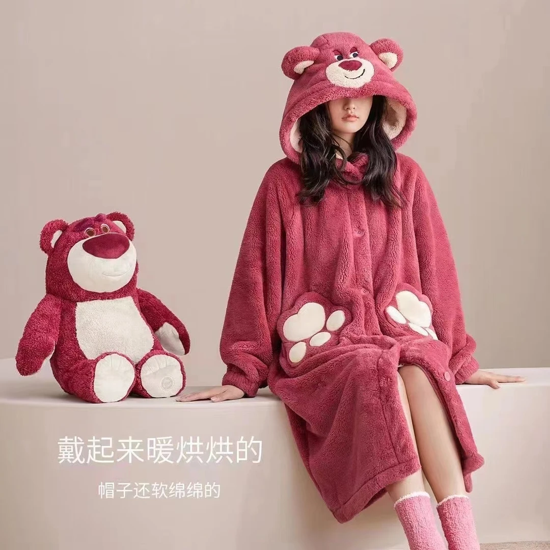 卡通加绒加厚珊瑚绒睡衣女秋冬防寒毛绒睡袍甜美草莓熊居家睡袍
