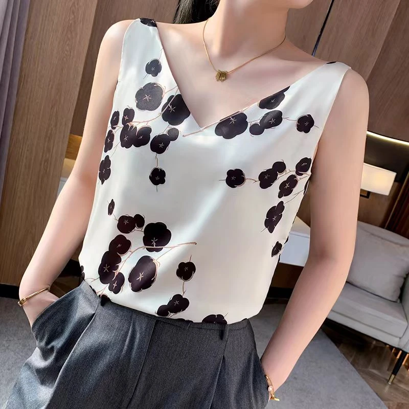 重磅V领女士印花吊带背心夏季宽松无袖薄款大码外穿时尚百搭上衣