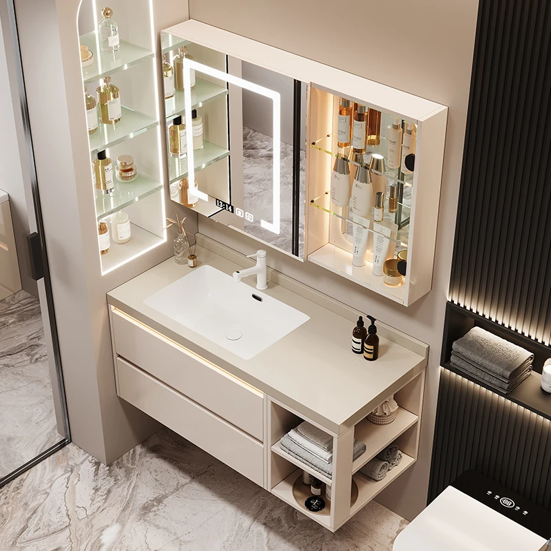 岩板陶瓷无缝盆现代轻奢极简卫生间实木浴室柜组合智能镜柜洗脸漱