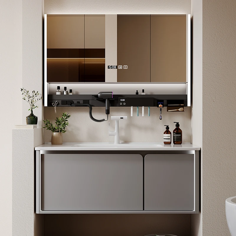 橡木烤漆圆角陶瓷一体盆现代卫生间浴室柜组合智能镜柜洗脸漱台盆