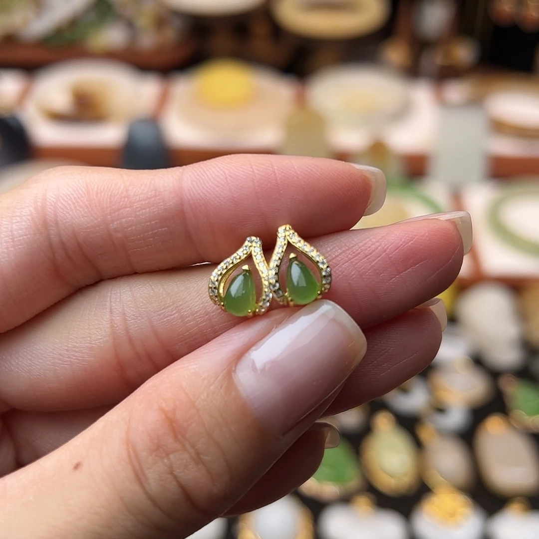 和田玉耳饰银S925镶嵌