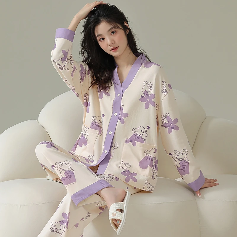 春秋季甜美休闲春夏女士卡通开衫宽松家居服两件套新款睡衣女套装