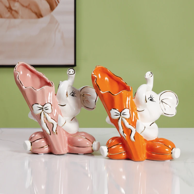 陶瓷可爱小象插花摆件轻奢家居客厅电视柜玄关办样板间公室装饰品