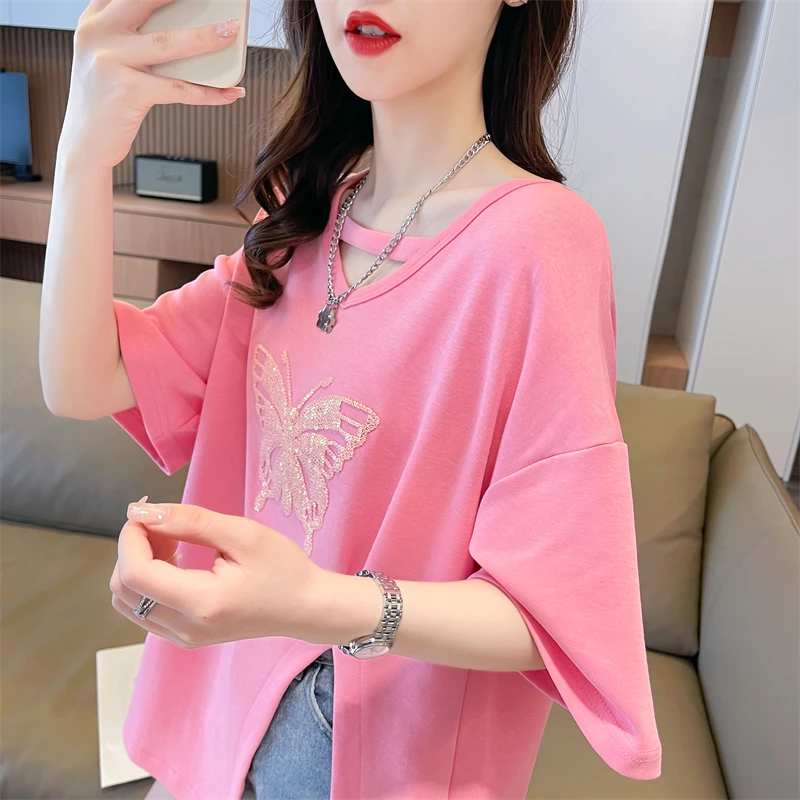 小心机v领短袖t恤女夏装2025新款韩版宽松大码中长款百搭开叉上衣