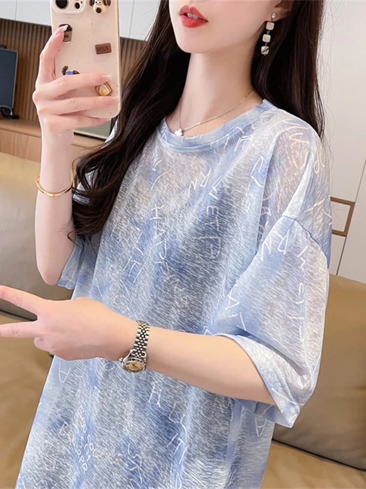 冰丝薄款短袖t恤女夏2025新款韩版宽松设计感小众百搭中长款上衣」