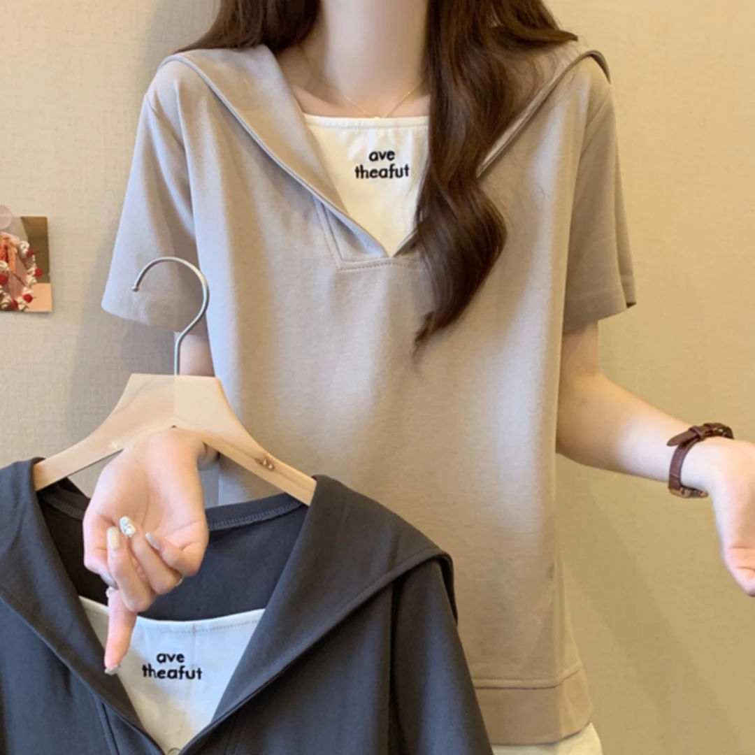 设计感小众正肩短袖t恤女夏季韩版宽松大码女装海军领假两件上衣