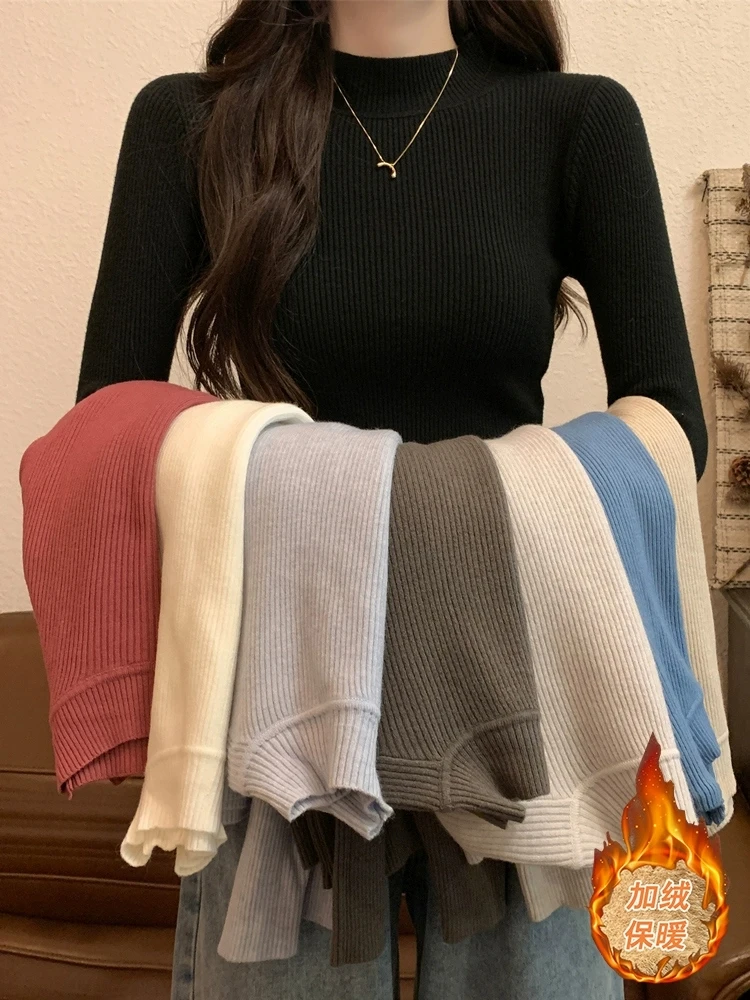 秋冬半高领内搭黑色毛衣女长袖打底针织衫修身紧身加厚一体绒上衣