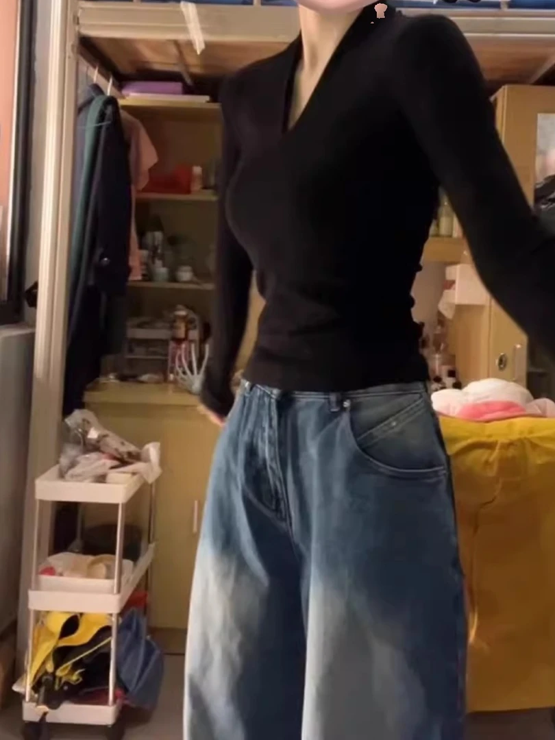 春秋时尚潮流洋气百搭休闲显瘦t恤女长袖v领内搭德绒打底衫上衣