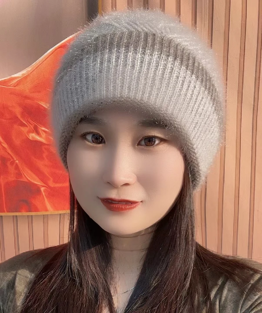 秋冬新款针织时尚百搭撞色条纹蓓蕾松鼠绒双层加厚保暖帽子