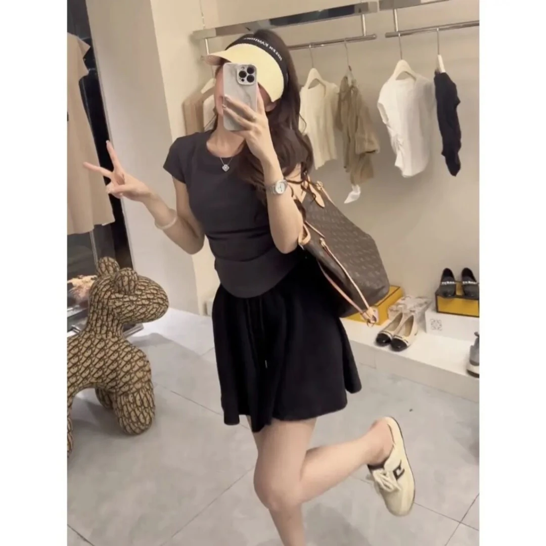 夏季纯色圆领简约风设计感褶皱短款修身短袖上衣高腰显瘦宽松裤裙