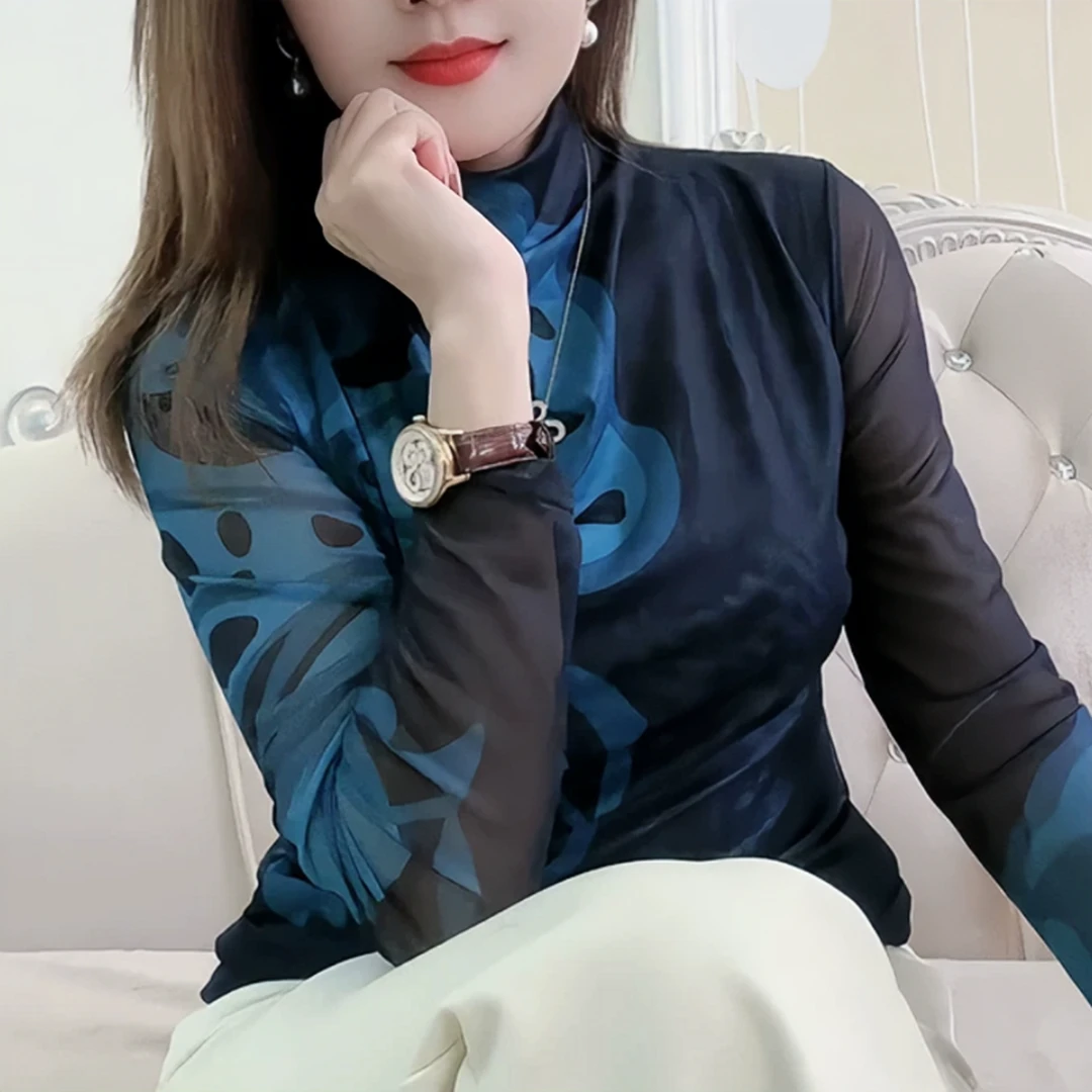 半高领双层网纱长袖t恤女2024新款时尚洋气打底小衫修身显瘦上衣