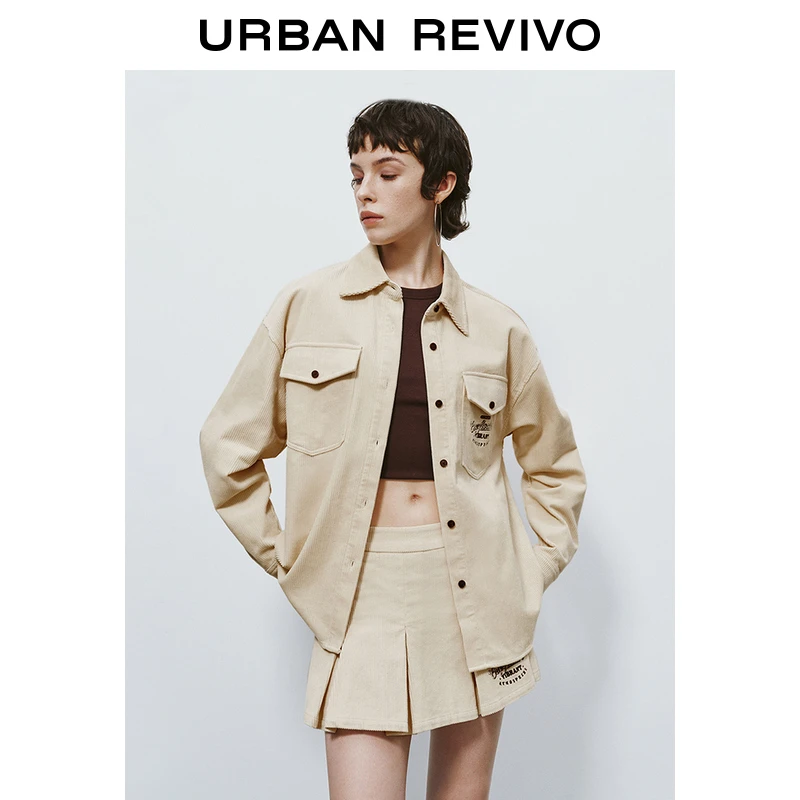 UR新款女撞色印花灯芯绒长袖开襟衬衫UYL240017