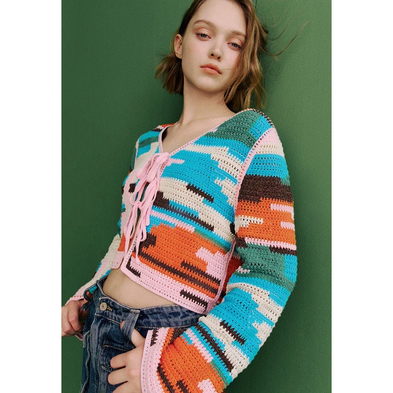 UR新款百搭显瘦时尚女装休闲度假撞色系带短款针织开衫UWL940026